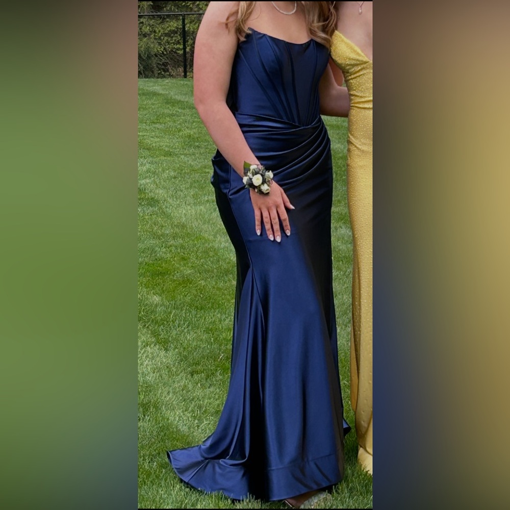 Sherri Hill Elegant Navy Blue Satin Dress